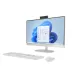 Setup view of HP All-in-One 24-cr0247d Core i5 PC with built-in webcam, white keyboard, and Windows 11 interface displayed.