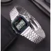 Casio A159W-N1DF Vintage Digital Chain Watch placed on dark surface with silver band and digital display