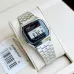 Casio A159WA-N1DF Vintage Digital Chain Watch displayed on cushion inside box with stainless steel band