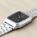 Tabletop view of Casio AQ-230A-1DMQ Watch with rectangular black dial, silver case, and quartz water-resistant design.