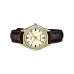 Front view of Casio LTP-V005GL-9AUDF Watch showing cream dial, gold case, and stitched brown leather strap.