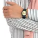 Close-up wrist view of Casio MQ-24-9ELDF Analog Watch with gold dial styled with striped shirt and scarf.