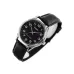 Close-up of Casio MTP-V001L-1BUDF Watch showing polished silver case, black dial, and leather strap.