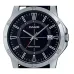 Front close-up of the Casio MTP-V004L-1CUDF Watch displaying the black dial, date window, and bold hour markers.