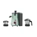 Front view of the BOSCH MJ4412A1GI TrueMixx 750W Juicer Mixer Grinder with jars and accessories arranged around the main unit.