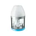 Angled view of Philips HR1351/90 Hand Blender compact chopper with transparent container, white lid, and blue base.