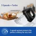Angled view of the Philips HR3705 300W Hand Mixer displayed with baking items, emphasizing 5 speeds and turbo function.
