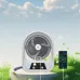 Front angled view of EP-608 Solar Fan charging smartphone via USB cable with battery level displayed.