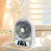 Angled view of EP-608 Solar Fan in white-gray design blowing leaves indoors with labeled control panel.