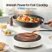 Lifestyle view of Oraimo InstaCooker Induction Cooker on countertop with pan of colorful food and 2100W power text.
