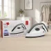 Lifestyle view of Pigeon PG-112 dry iron displayed beside retail packaging on a tabletop surface.