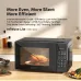 Oraimo InfiWave Oven with digital display showing roasted chicken, surrounded by condiments and food items.
