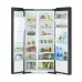 Open view of Hitachi R-SX800GPBO Refrigerator fully stocked with fresh produce, frozen meals, and beverages.