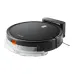 Front view of Xiaomi E5 Robot Vacuum Cleaner in black near charging dock with sleek design and transparent dustbin.
