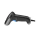 Angled view of Winson WNI-S011 Barcode Scanner with black and gray body, blue accent, and coiled cable connection.