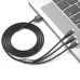 Top view of XO NB173 3 in 1 Fast Charging Cable showing multiple connectors and braided cable placed beside a laptop