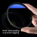 Hand holding blue-coated camera lens filter in front of DSLR lens, highlighting multi-layer coating to reduce fogging.