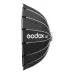Side view of the black and silver Godox S85T parabolic softbox with external seams and logo.