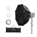 Front three-quarter view of K&F Concept KF18.0015 65cm Octagonal Softbox with Grid along with its accessories.