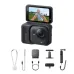 Set view of Insta360 GO Ultra Creator Bundle showing compact camera with flip screen and arranged accessories.