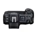 Top view of the Top view of the black Canon EOS R3 camera showing the top screen, hotshoe, and mode button.