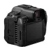 Angled rear-side view of the Canon EOS R5 C camera showing the ports, exhaust vent, and screen.