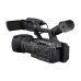 Angled view of the black JVC GY-Angled view of the black JVC GY- Angled view of the black JVC GY-HC500E professional camcorder with the LCD screen flipped out.