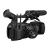 Angled rear view of the black JVC GY-HC550E camcorder with viewfinder, microphone, and antennae.