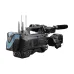 Angled rear view of the black JVC GY-HC900C20 broadcast camcorder with battery, antennas, and mic.