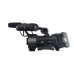 Right side view of the black JVC GY-HM890RCHE camcorder with a microphone and battery attached.