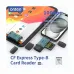 Onten OTN-CR633 Type-C & USB-A to CF Express Card Reader shown in a top view with CFexpress card and dual connectors arranged neatly.