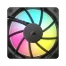 Corsair RS120 ARGB Casing Fan, showing the black frame, white blades, and a vibrant rainbow RGB lighting effect.