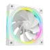 Angled view of the white DeepCool FL12R fan with nine blades and a bright multi-color RGB light ring on the frame.