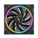 Front view of the black DeepCool FL12R fan with nine blades and a bright, multi-colored RGB light ring on the frame.