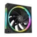 Angled view of the black DeepCool FL12R fan with nine blades and a bright, multi-colored RGB light ring on the frame.