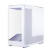Angled view of 1STPLAYER GM7 Casing Silver with tempered glass side panel and mesh front for airflow.