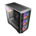 An angled view of the black Antec AX1000 ARGB PC case with a mesh front panel and glass side, showing three rainbow RGB fans.