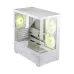 Side view of MSI MAG PANO M110R WHITE Casing with tempered glass panels and three cooling fans glowing soft yellow light.