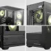 Collage view of MSI MAG PANO M110R Casing highlighting interior fans, mesh front, logos, and Arsenal Gaming branding.