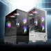 Angled view of the black and white MSI PAG PANO M110A PC cases with RGB fans and tempered glass.