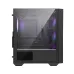 Interior view of MSI PRO FORGE M051R Casing with tempered glass side panel, RGB rear fan, and mounting slots visible.
