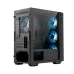 Side view of MSI PRO FORGE M051R Casing with tempered glass panel and four cooling fans glowing blue inside.