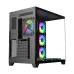Close-up of PC Power ICEBERG V3 Casing showing tempered glass side panel and RGB fans installed for cooling.