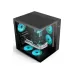 High‑performance gaming case with tempered glass panels, blue LED fans, large GPU, and top vents