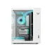 White gaming PC case with tempered glass, blue LED fans, GPU, and front I/O ports