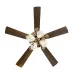 Angled view of Crompton Jupiter Ceiling Fan with five dark blades and flower-shaped glass light fixtures.