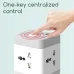 Top view of Deli ET426 Adapter cube with hand pressing single control button for centralized power management across sockets.