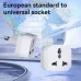 Front view of Deli ET738EU Adapter showing two European-to-universal plug converters with travel-themed background.