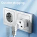 Wall view of Deli ET738EU Adapter plugged into outlet with secure white power connection emphasizing durable plugging.