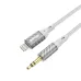Top-down product view of BWOO BO-AUX073 1M Lightning to 3.5mm Audio Converter displayed with text highlighting Lightning to 3.5mm support and 1M length